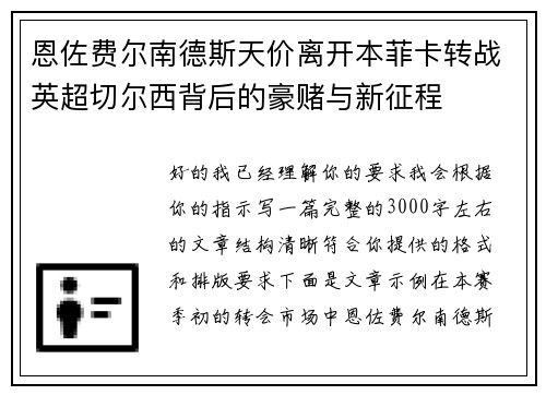 恩佐费尔南德斯天价离开本菲卡转战英超切尔西背后的豪赌与新征程