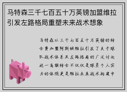 马特森三千七百五十万英镑加盟维拉引发左路格局重塑未来战术想象